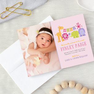 Cute Pink Jungle Animals Baby Girl Portrait Birth Announcement