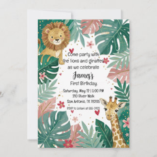 Cute Pink Jungle Safari First Boy Birthday Invitation