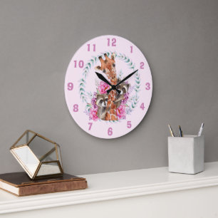 Cute Pink Jungle Safari Giraffe Kids Room Large Clock
