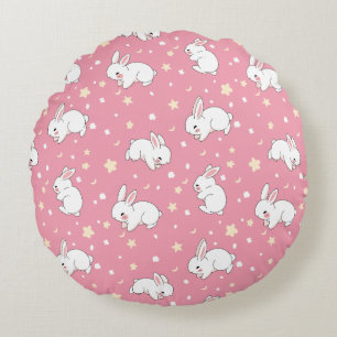 Cute Pink Kawaii Bunny Doodle Round Pillow