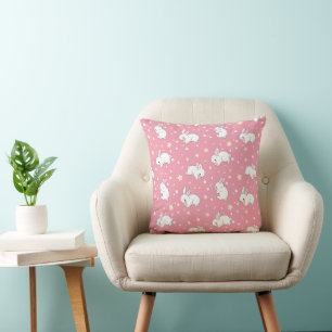 Cute Pink Kawaii Bunny Doodle Throw Pillow
