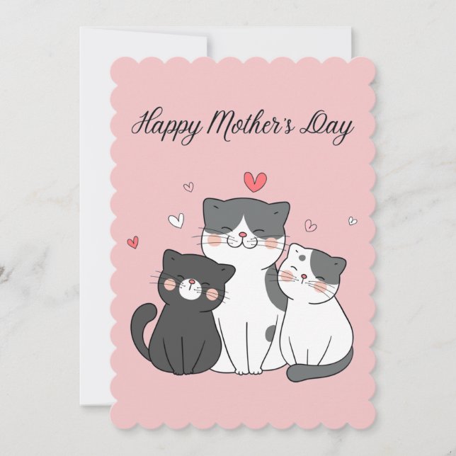 Cute Pink Kawaii Cat Mom and Kitten Mother's Day Holiday Card (Front)