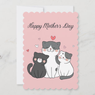 Cute Pink Kawaii Cat Mom and Kitten Mother's Day Holiday Card