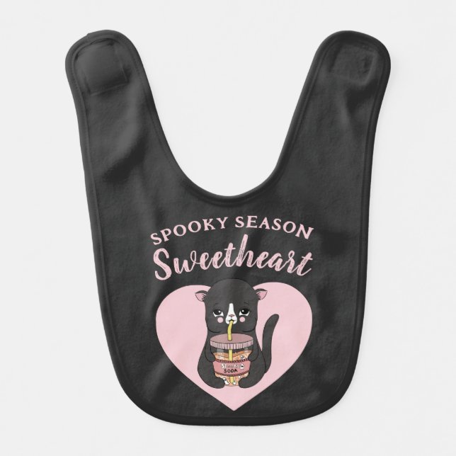Cute Pink Kawaii Cat Spooky Season Sweetheart Baby Bib (Front)