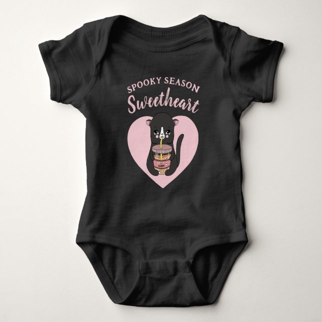 Cute Pink Kawaii Cat Spooky Season Sweetheart Baby Bodysuit (Front)