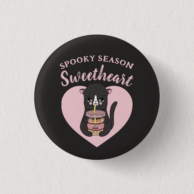 Cute Pink Kawaii Cat Spooky Season Sweetheart Button (Front)