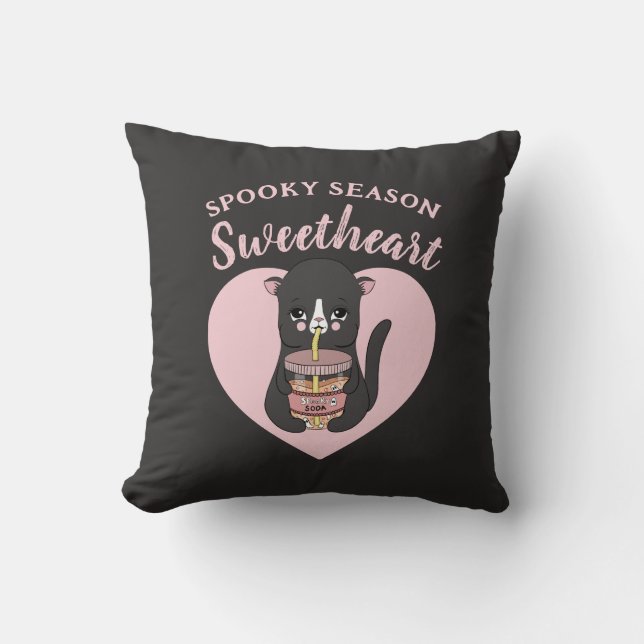 Cute Pink Kawaii Cat Spooky Season Sweetheart Throw Pillow (Front)