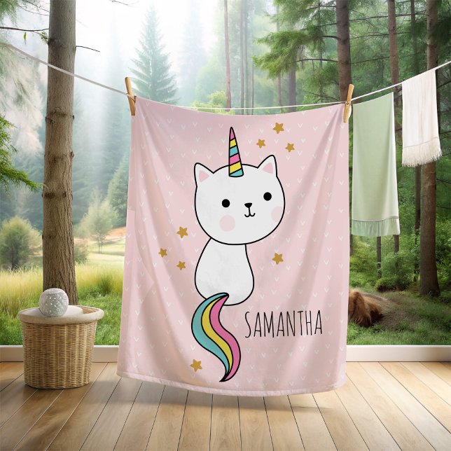 Cute Pink Kawaii Catcorn Illustration Fleece Blanket (The two cutest animals (cat and a unicorn) come together to make...you guessed it...The Caticorn! )