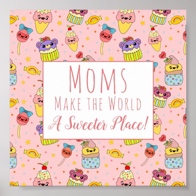Cute Pink Kawaii Cupcake Pattern Mother's Day Poster (Front)