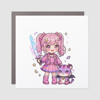 Cute Pink Kawaii Demon Hunter Girl with Magic Swor Car Magnet