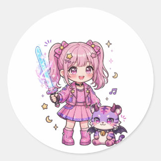Cute Pink Kawaii Demon Hunter Girl with Magic Swor Classic Round Sticker