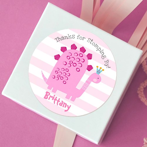 Cute Pink Kawaii Dinosaur Girl Birthday Thank You Classic Round Sticker