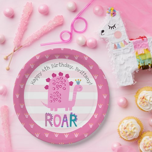 Cute Pink Kawaii Dinosaur Roar Girl Birthday Name Paper Plates