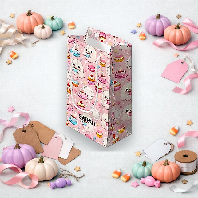 Cute Pink Kawaii Ghost Cafe Halloween Small Gift Bag (Creator Uploaded)