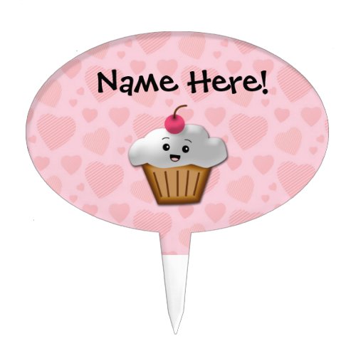 Cute Pink Kawaii Happy Face Cupcake Girls Cake Topper