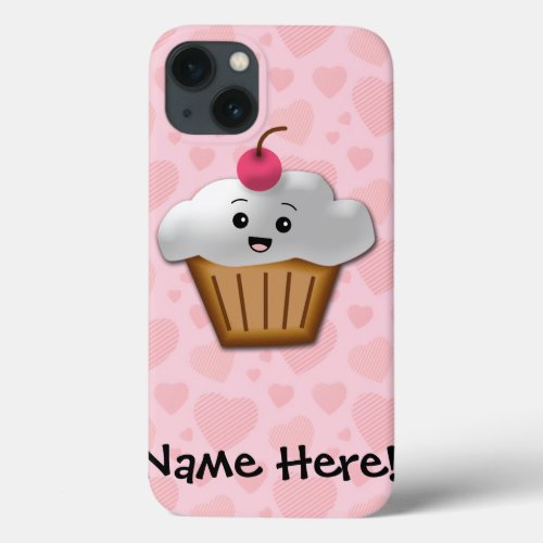 Cute Pink Kawaii Happy Face Cupcake Girls iPhone 13 Case