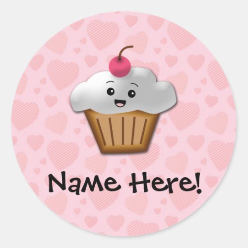 Cute Pink Kawaii Happy Face Cupcake Girls Classic Round Sticker