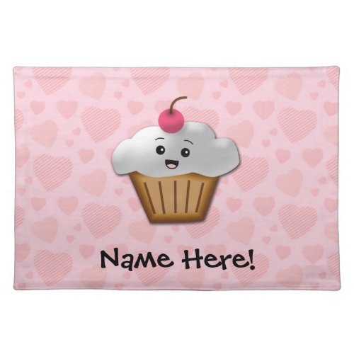 Cute Pink Kawaii Happy Face Cupcake Girls Cloth Placemat