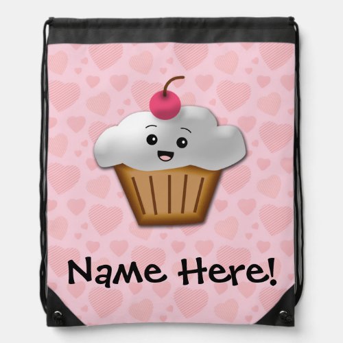 Cute Pink Kawaii Happy Face Cupcake Girls Drawstring Bag