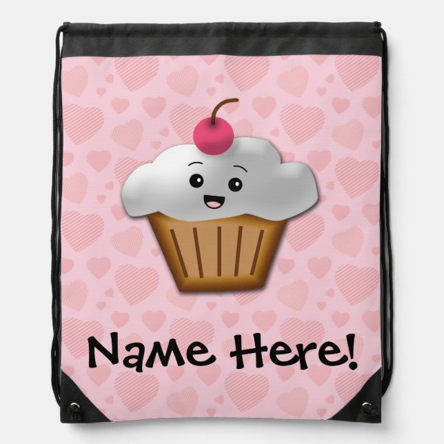 Cute Pink Kawaii Happy Face Cupcake Girls Drawstring Bag (Front)