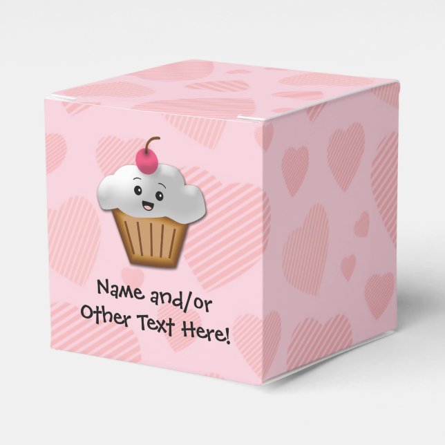 Cute Pink Kawaii Happy Face Cupcake Girls Favor Boxes (Front Side)
