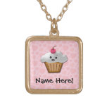 Cute Pink Kawaii Happy Face Cupcake Girls Gold Plated Necklace