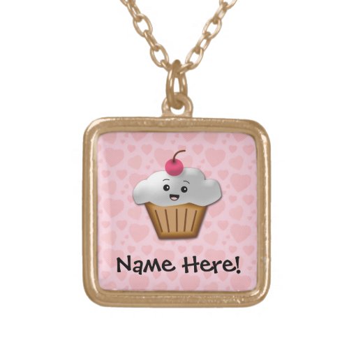 Cute Pink Kawaii Happy Face Cupcake Girls Gold Plated Necklace