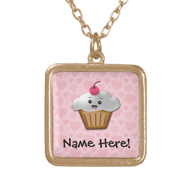 Cute Pink Kawaii Happy Face Cupcake Girls Gold Plated Necklace (Front)