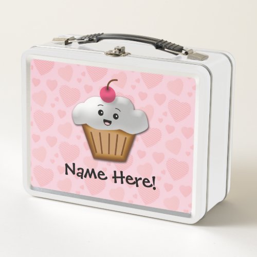 Cute Pink Kawaii Happy Face Cupcake Girls Metal Lunch Box