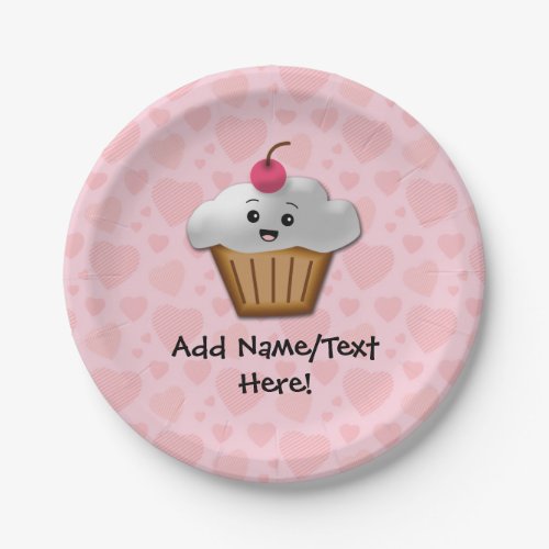 Cute Pink Kawaii Happy Face Cupcake Girls Paper Plates