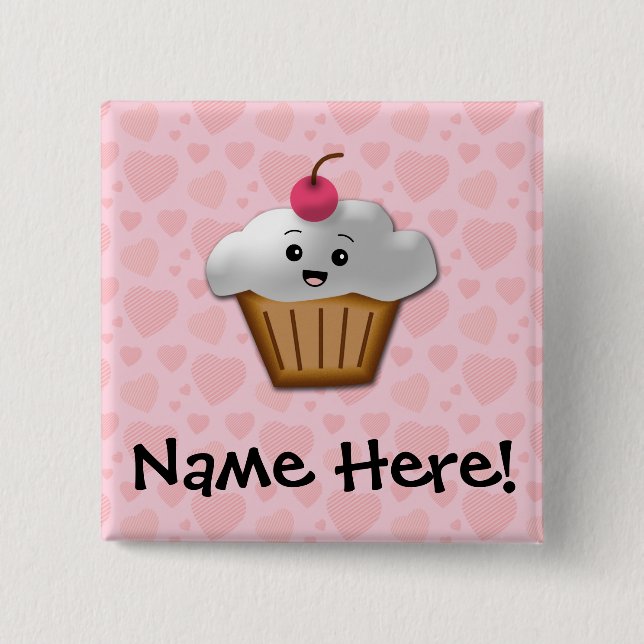 Cute Pink Kawaii Happy Face Cupcake Girls Pinback Button (Front)