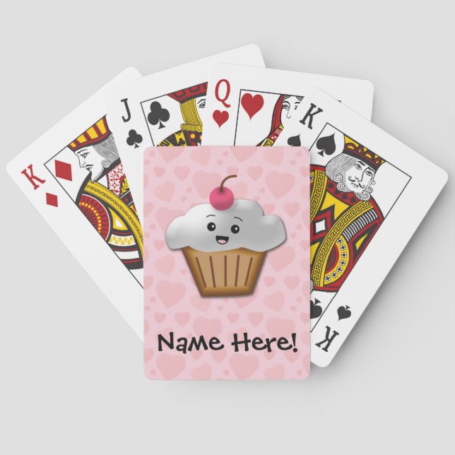 Cute Pink Kawaii Happy Face Cupcake Girls Poker Cards (Back)