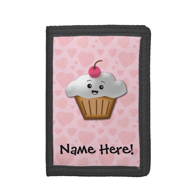 Cute Pink Kawaii Happy Face Cupcake Girls Tri-fold Wallet (Front Vertical)
