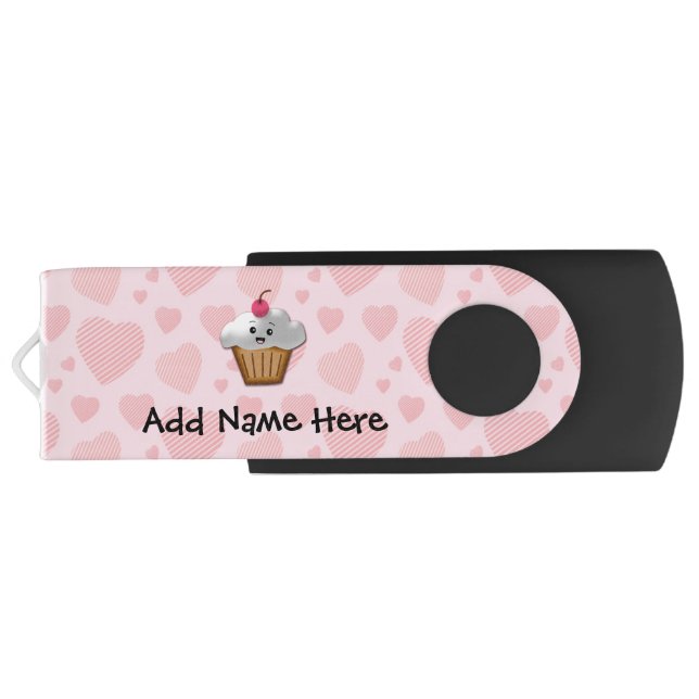 Cute Pink Kawaii Happy Face Cupcake Girls USB Flash Drive (Back)