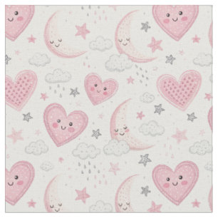 Cute Pink Kawaii Hearts, Moons & Stars Nursery Art Fabric