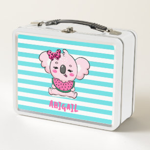 Cute Pink Kawaii Koala Watermelon Aqua Stripes Metal Lunch Box