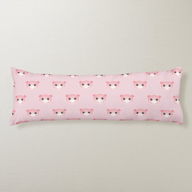 Cute Pink Kawaii Pig Illustration Body Pillow (Front)