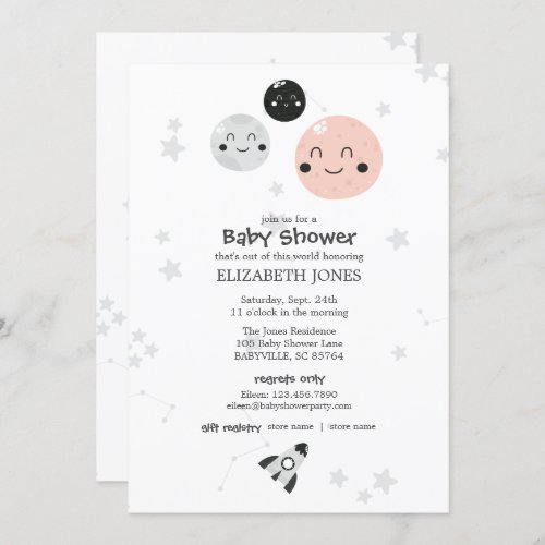 Cute Pink Kawaii Planet and Moons Baby Shower Invitation