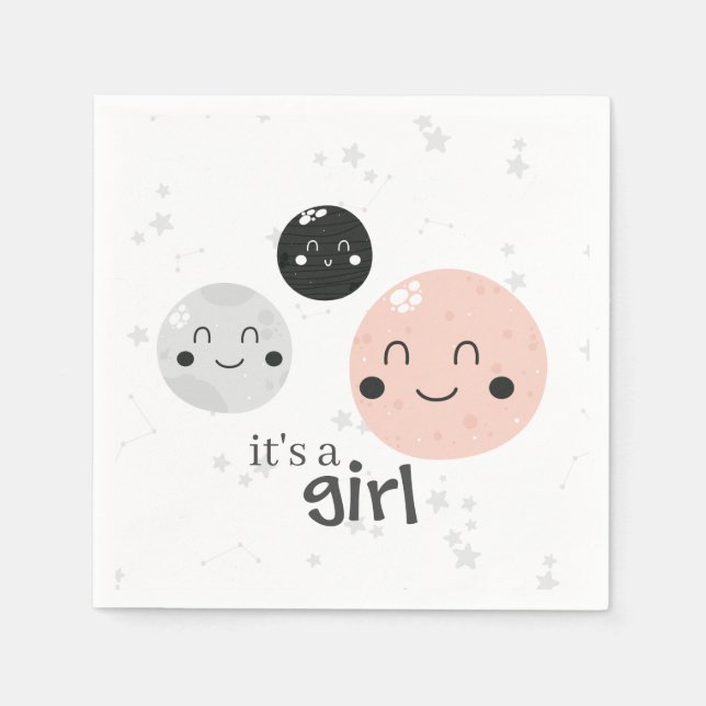 Cute Pink Kawaii Planet and Moons Baby Shower Napkins (Front)