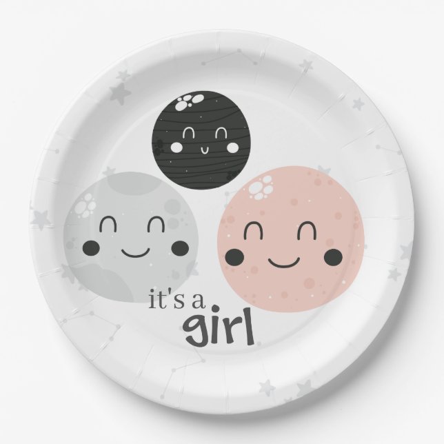 Cute Pink Kawaii Planet It's a Girl Baby Shower Paper Plates (Front)