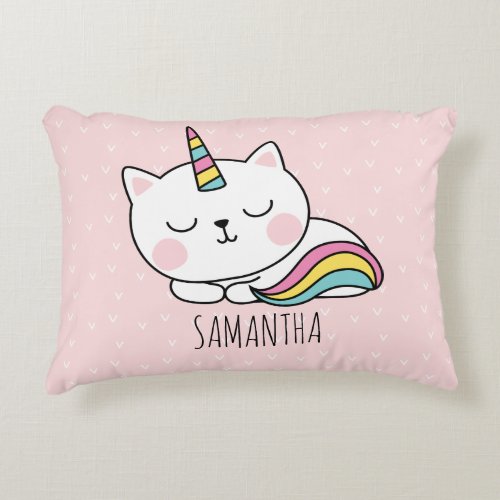 Cute Pink Kawaii Sleepy Catcorn Illustration Accent Pillow