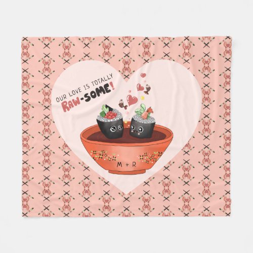 Cute Pink Kawaii Sushi in Love Valentines Day Fleece Blanket