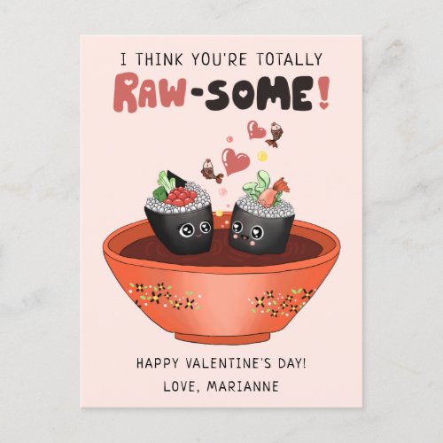 Cute Pink Kawaii Sushi in Love Valentines Day Postcard