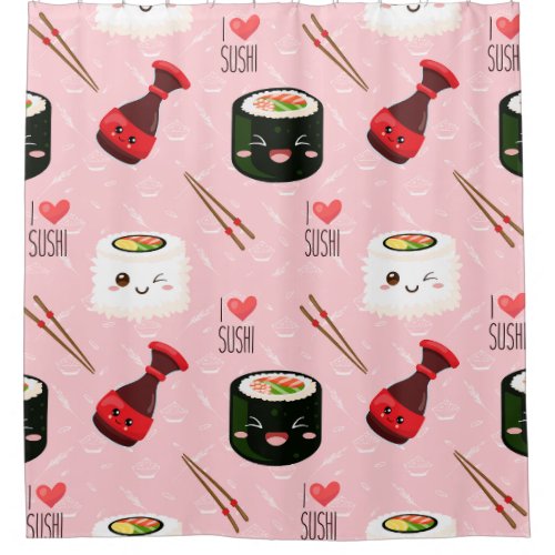 Cute pink Kawaii Sushi pattern   Shower Curtain