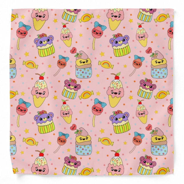 Cute Pink Kawaii Sweet Food Cartoon Pattern Kids Bandana (Front)