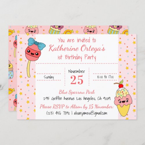 Cute Pink Kawaii Sweets Happy 1st Birthday Party Invitation
