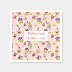 Cute Pink Kawaii Sweets Happy 1st Birthday Party Napkins