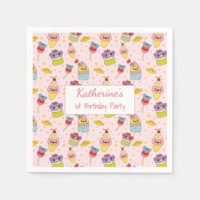 Cute Pink Kawaii Sweets Happy 1st Birthday Party Napkins (Front)