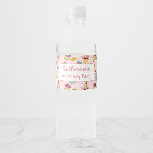 Cute Pink Kawaii Sweets Happy 1st Birthday Party Water Bottle Label