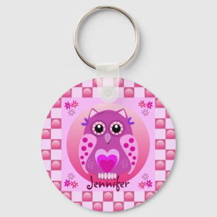 Cute pink keychain with Owl, Patterns & Name